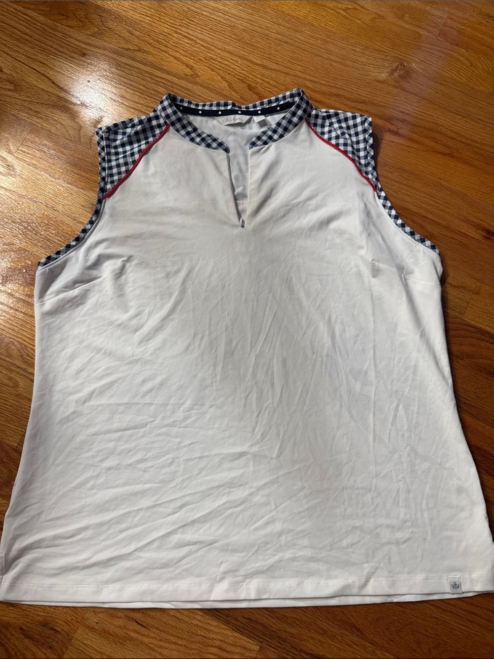 Lady Hagen White Tank Top with Navy Gingham Trim